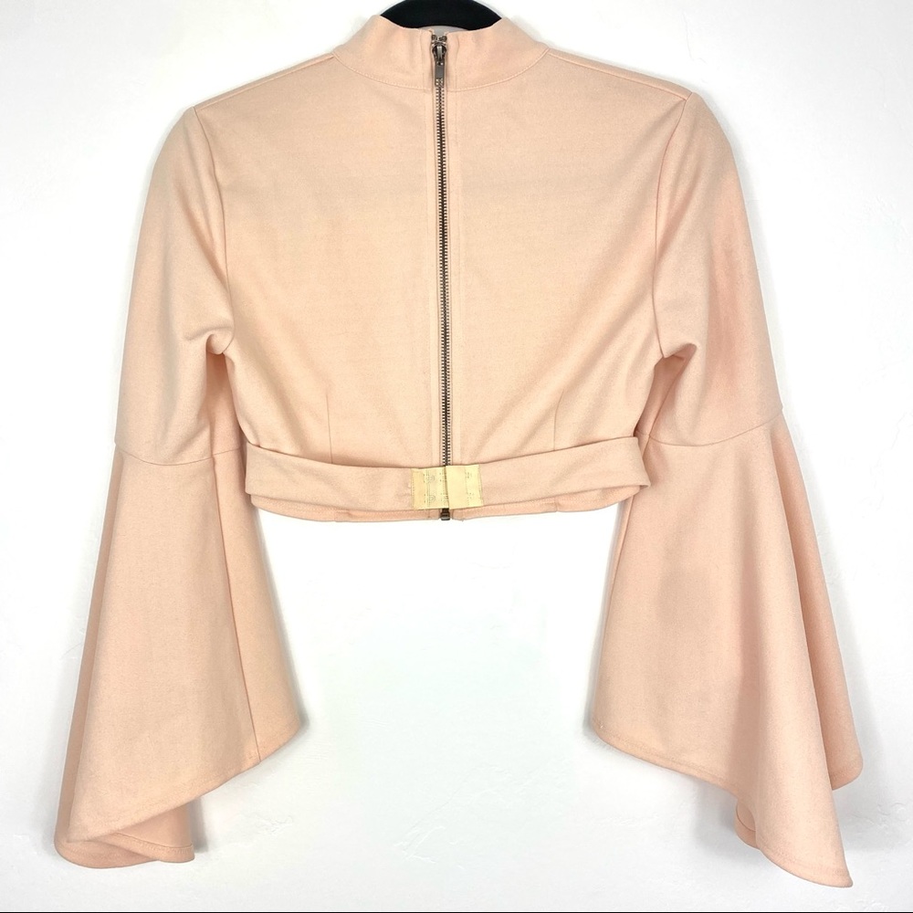 Seek the Label Blush Pink Bell Sleeve Mock Neck Keyhole Full Zip Wrap Crop Top - Picture 8 of 8